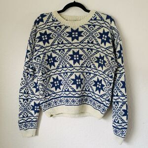 Vintage L.L.Bean Sweater Women L Ivory Blue Winter Snowflake Knit Thick Cozy Ski